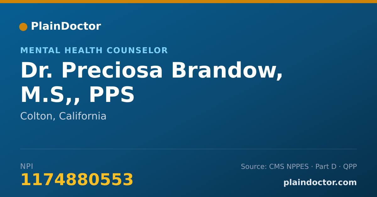 Shareable card for Preciosa Brandow, M.S,, PPS - Mental Health Counselor, Colton, CA