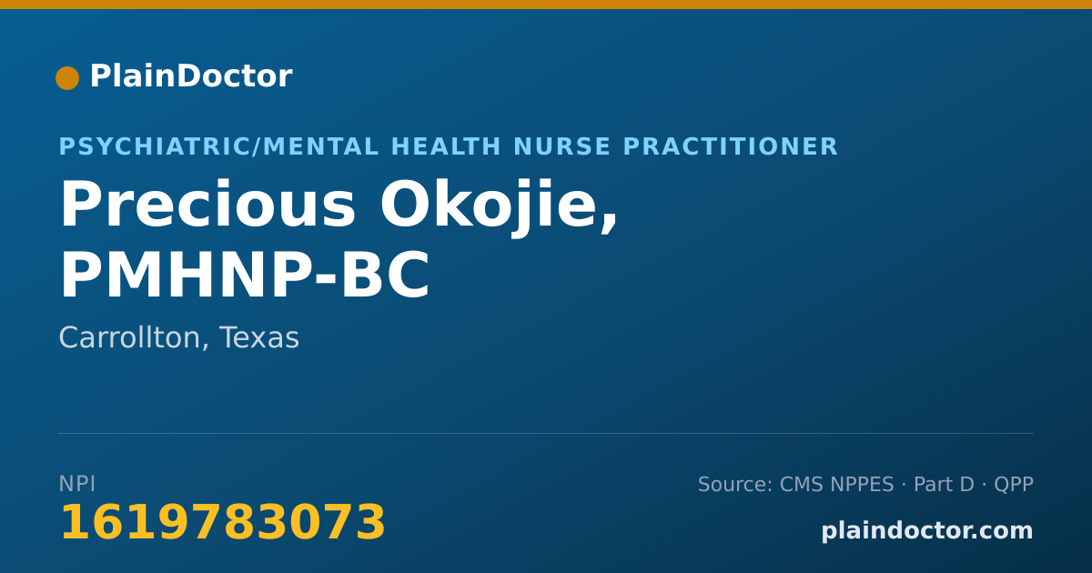 Shareable card for Precious Okojie, PMHNP-BC - Psychiatric/Mental Health Nurse Practitioner, Carrollton, TX