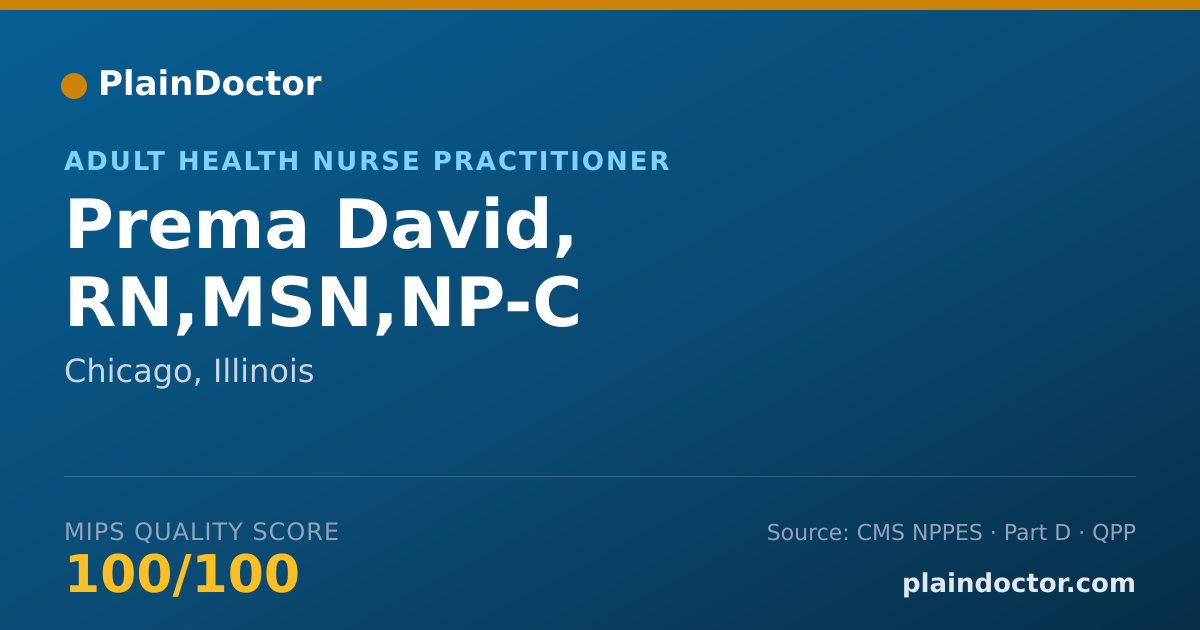 Shareable card for Prema David, RN,MSN,NP-C - Adult Health Nurse Practitioner, Chicago, IL