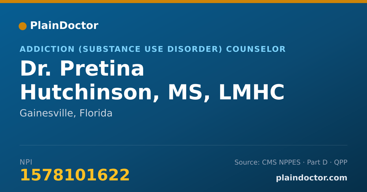 Shareable card for Pretina Hutchinson, MS, LMHC - Addiction (Substance Use Disorder) Counselor, Gainesville, FL