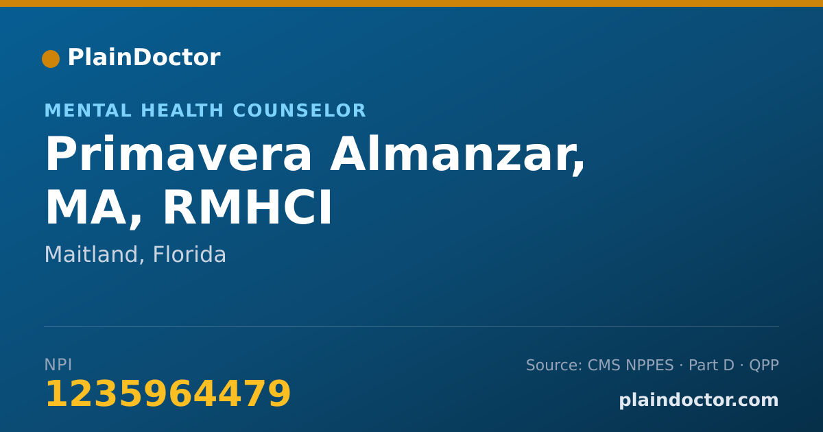 Shareable card for Primavera Almanzar, MA, RMHCI - Mental Health Counselor, Maitland, FL