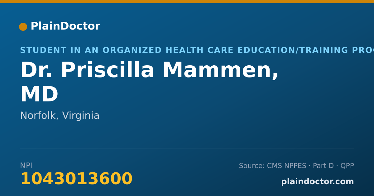 Shareable card for Priscilla Mammen, MD - Student in an Organized Health Care Education/Training Program, Norfolk, VA