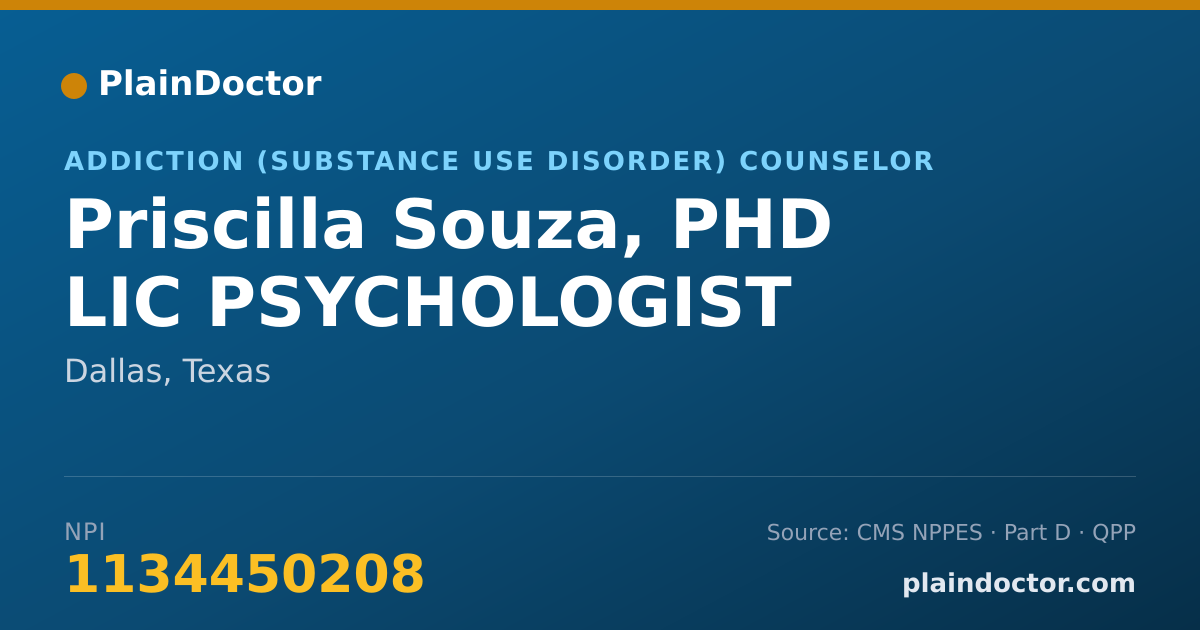 Shareable card for Priscilla Souza, PHD LIC PSYCHOLOGIST - Addiction (Substance Use Disorder) Counselor, Dallas, TX
