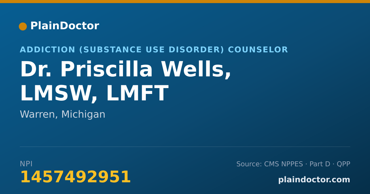 Shareable card for Priscilla Wells, LMSW, LMFT - Addiction (Substance Use Disorder) Counselor, Warren, MI