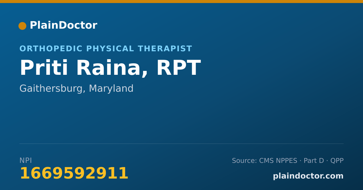 Shareable card for Priti Raina, RPT - Physical Therapist, Gaithersburg, MD