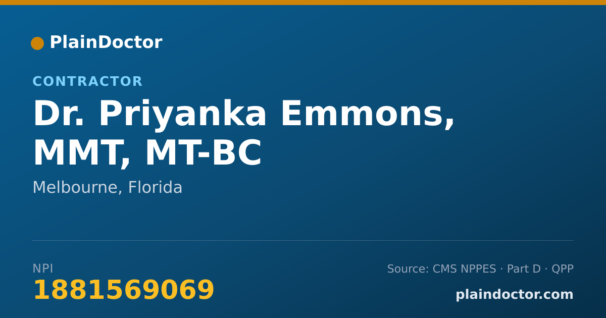 Shareable card for Priyanka Emmons, MMT, MT-BC - Contractor, Melbourne, FL