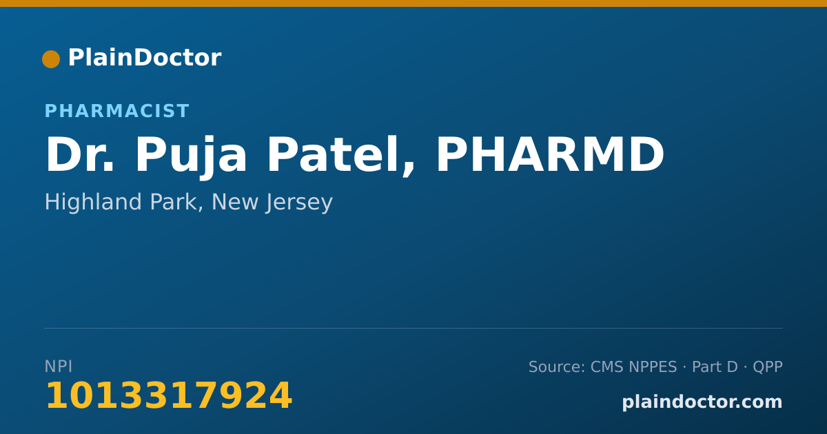 Shareable card for Puja Patel, PHARMD - Pharmacist, Highland Park, NJ