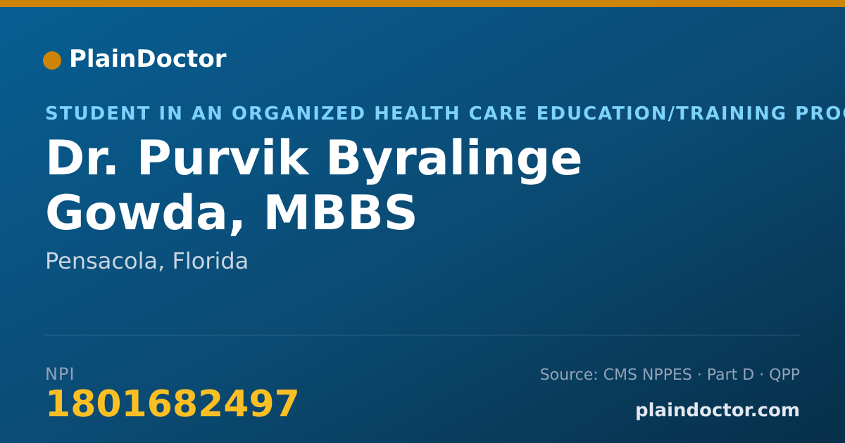 Shareable card for Purvik Byralinge Gowda, MBBS - Student in an Organized Health Care Education/Training Program, Pensacola, FL