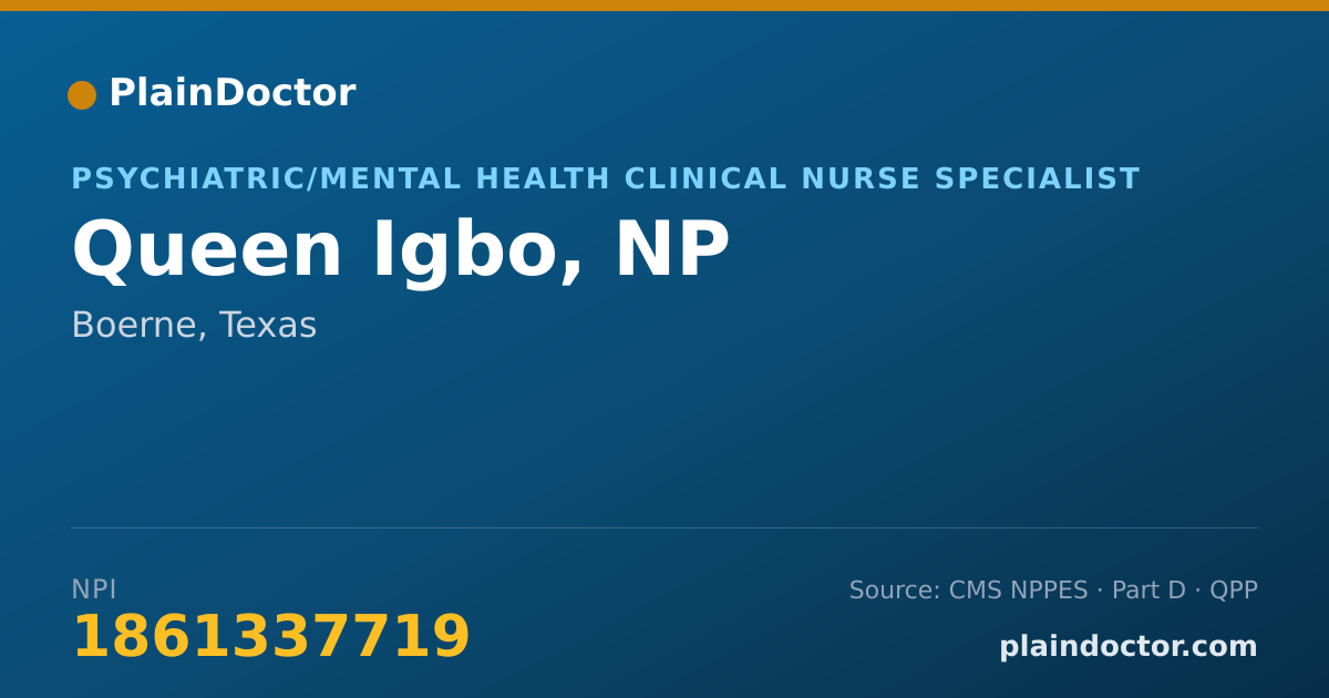 Shareable card for Queen Igbo, NP - Psychiatric/Mental Health Clinical Nurse Specialist, Boerne, TX