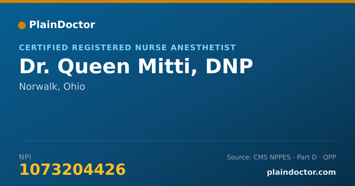 Shareable card for Queen Mitti, DNP - Certified Registered Nurse Anesthetist, Norwalk, OH