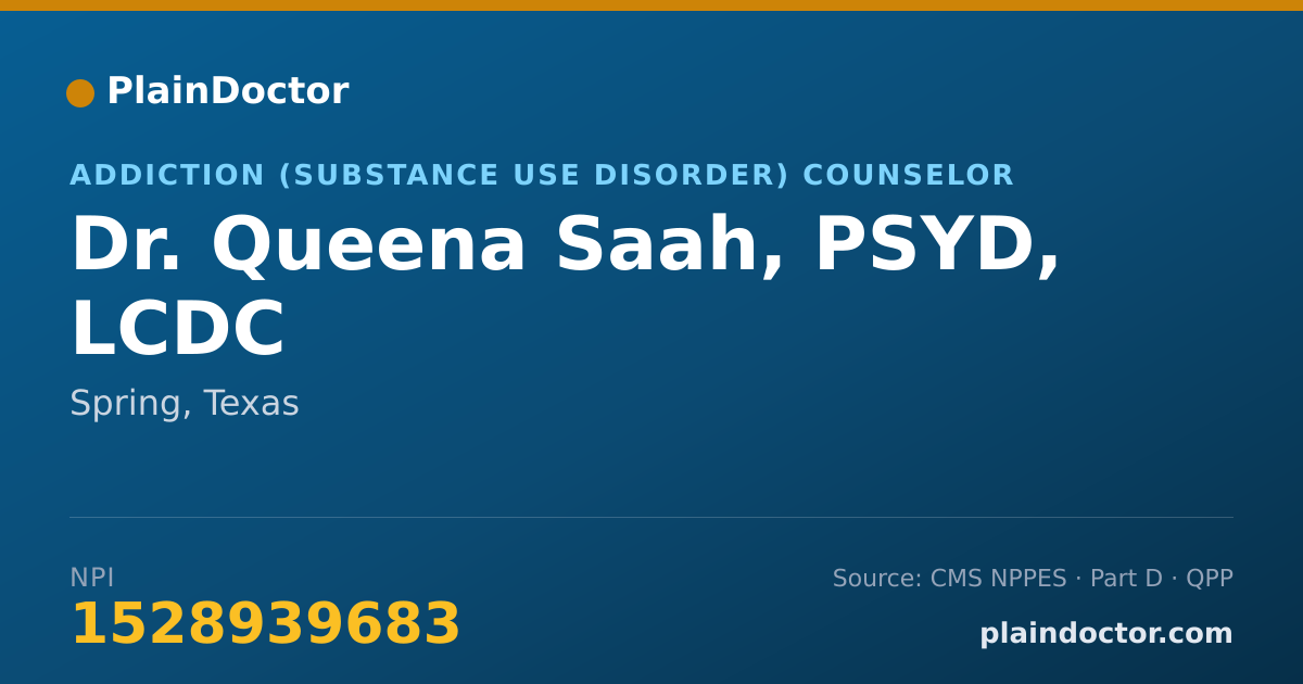 Shareable card for Queena Saah, PSYD, LCDC - Addiction (Substance Use Disorder) Counselor, Spring, TX