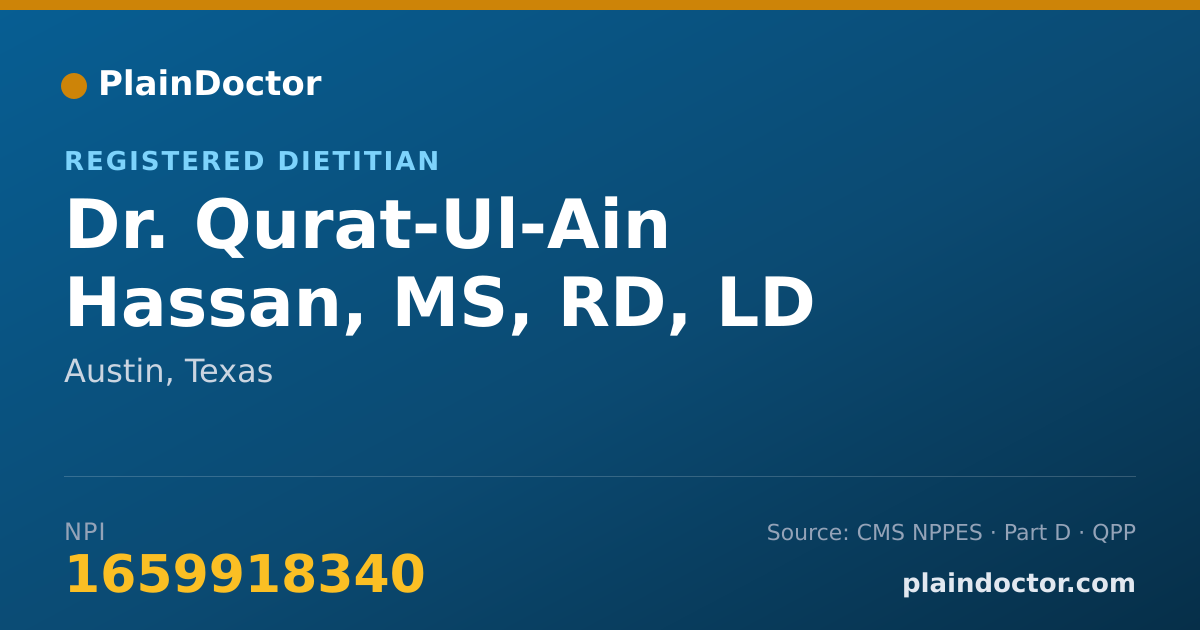 Shareable card for Qurat-Ul-Ain Hassan, MS, RD, LD - Registered Dietitian, Austin, TX