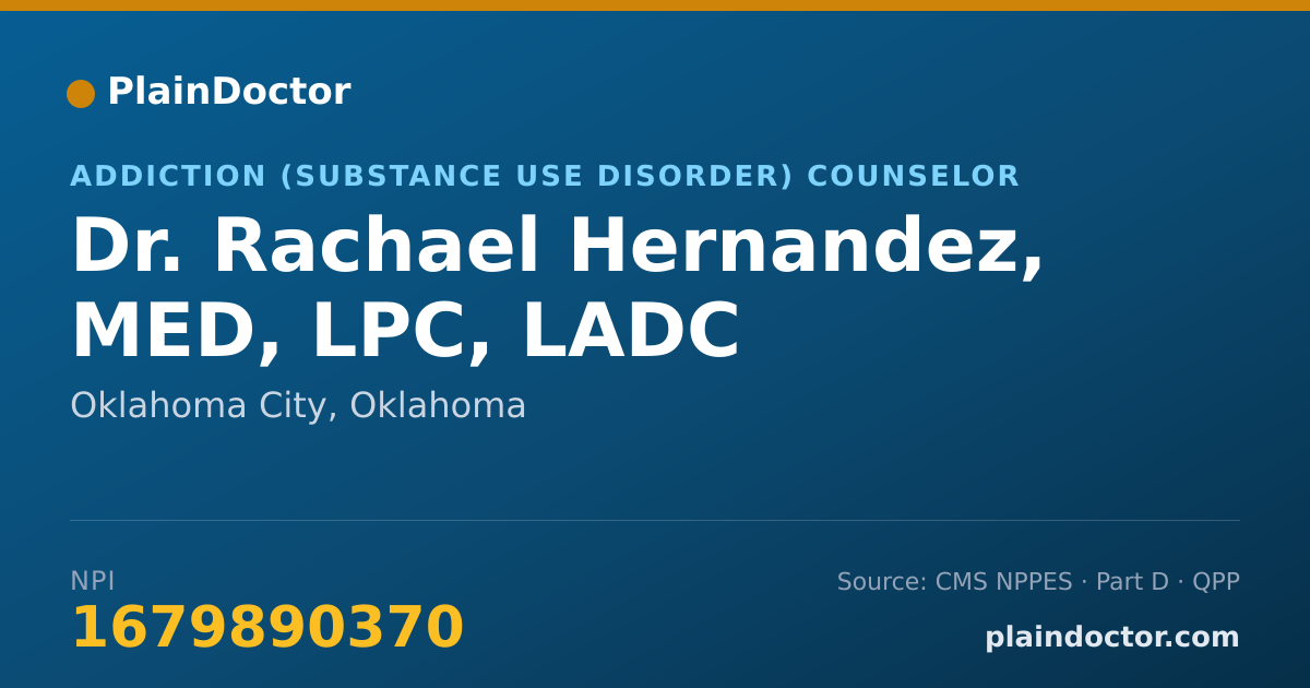 Shareable card for Rachael Hernandez, MED, LPC, LADC - Addiction (Substance Use Disorder) Counselor, Oklahoma City, OK