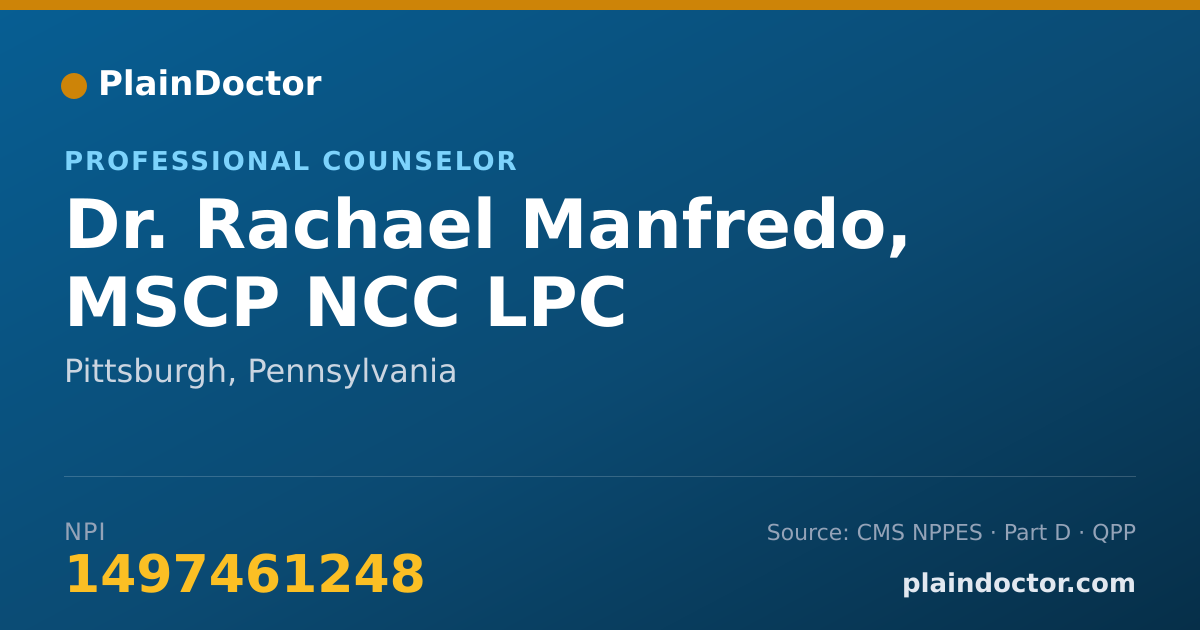 Shareable card for Rachael Manfredo, MSCP NCC LPC - Professional Counselor, Pittsburgh, PA