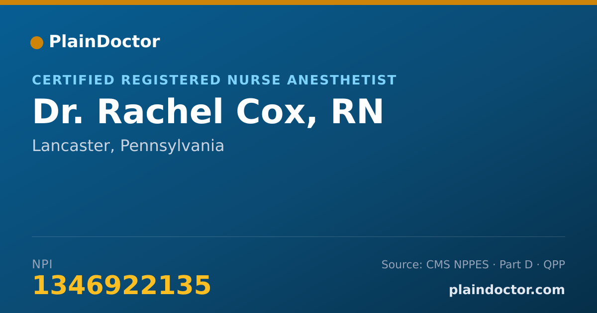 Shareable card for Rachel Cox, RN - Certified Registered Nurse Anesthetist, Lancaster, PA