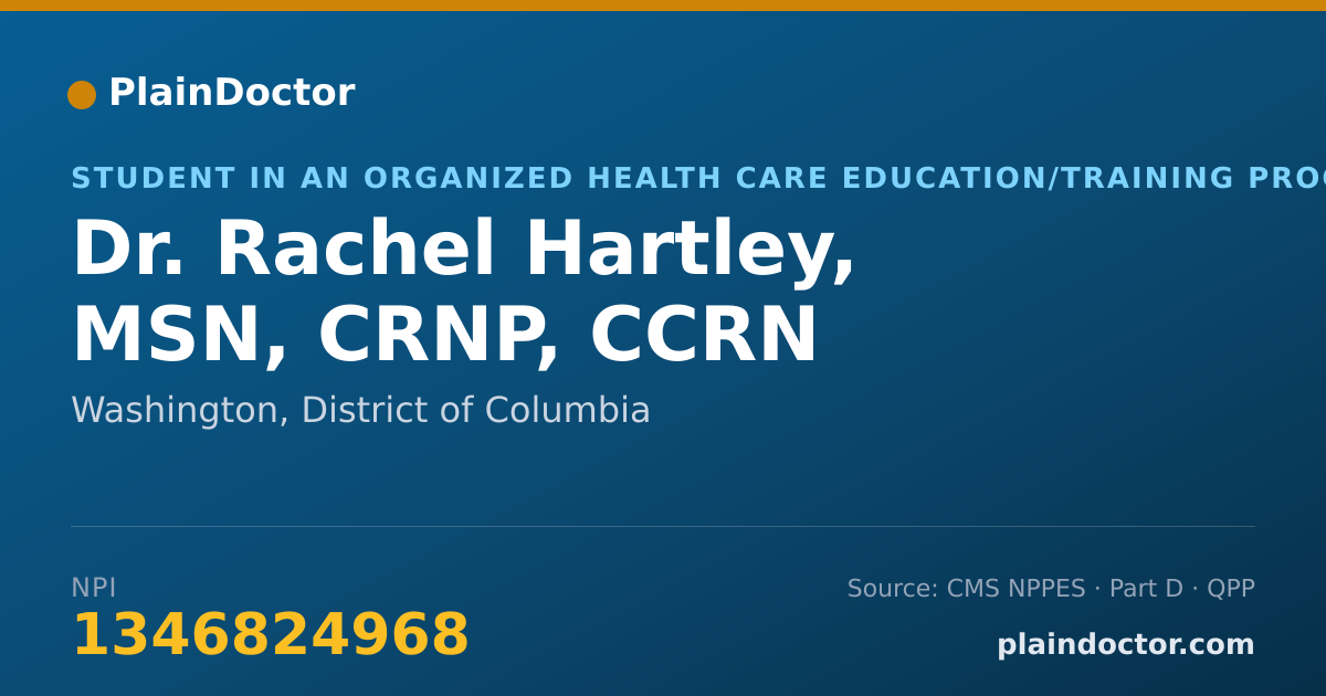 Shareable card for Rachel Hartley, MSN, CRNP, CCRN - Student in an Organized Health Care Education/Training Program, Washington, DC