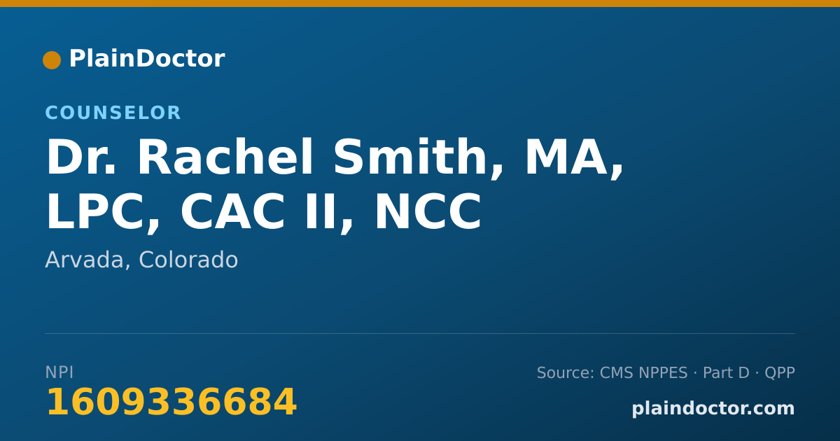 Shareable card for Rachel Smith, MA, LPC, CAC II, NCC - Counselor, Arvada, CO