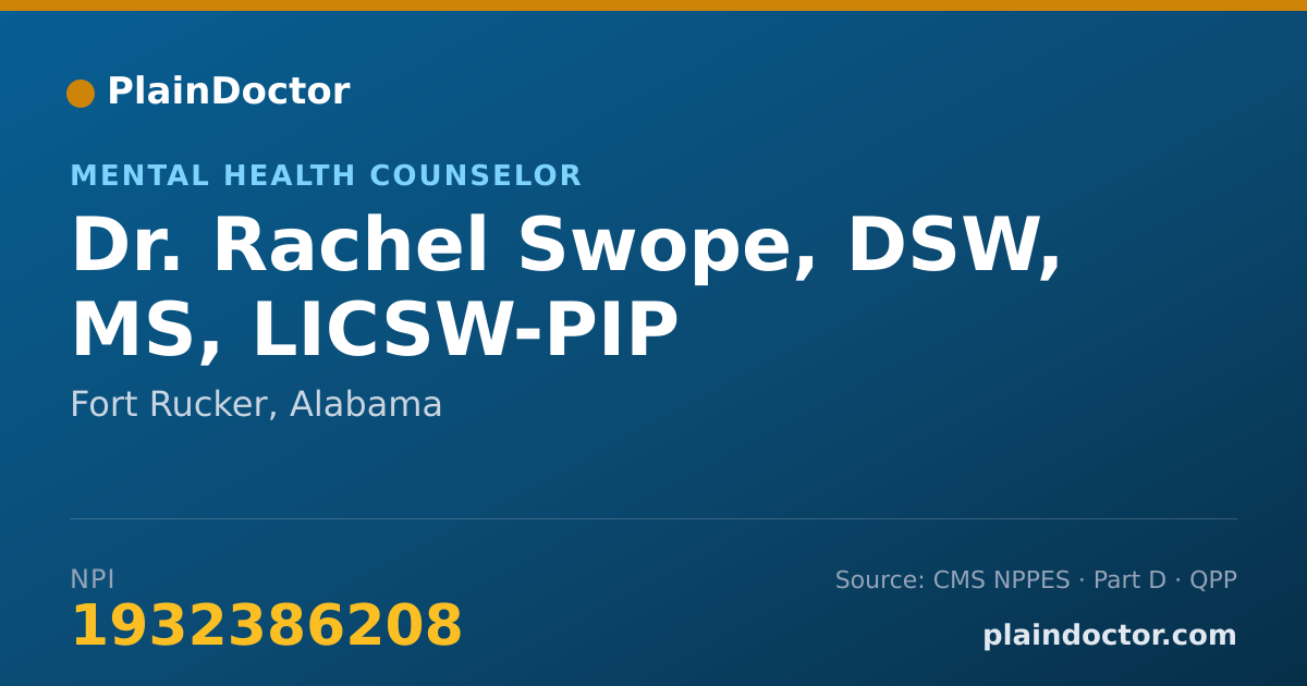 Shareable card for Rachel Swope, DSW, MS, LICSW-PIP - Mental Health Counselor, Fort Rucker, AL