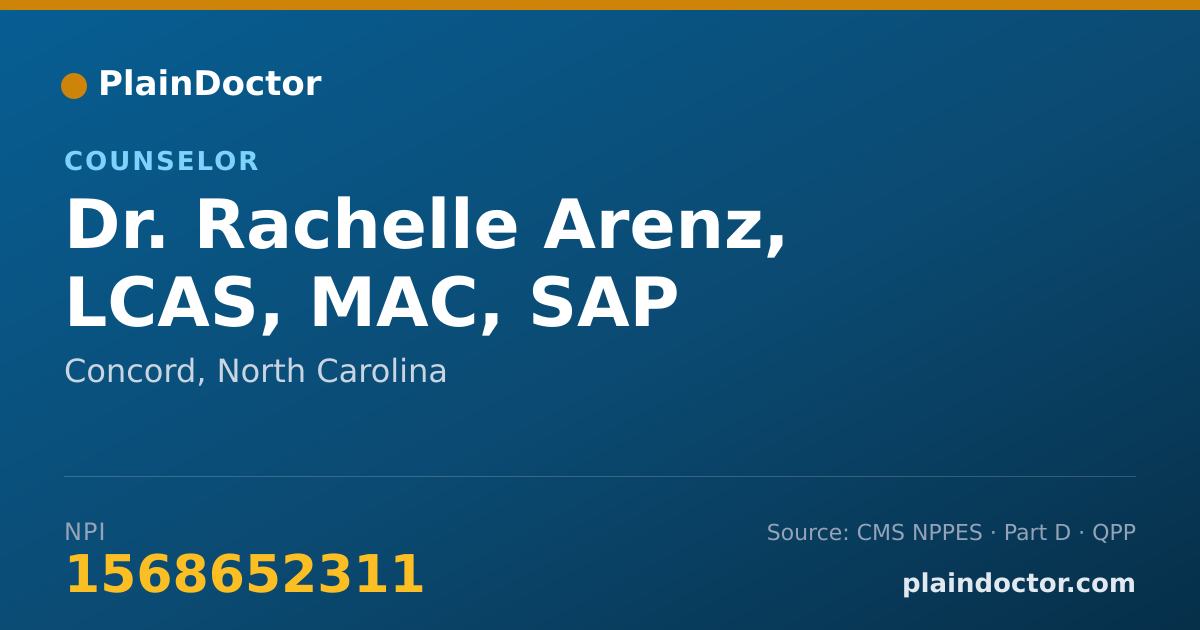 Shareable card for Rachelle Arenz, LCAS, MAC, SAP - Counselor, Concord, NC
