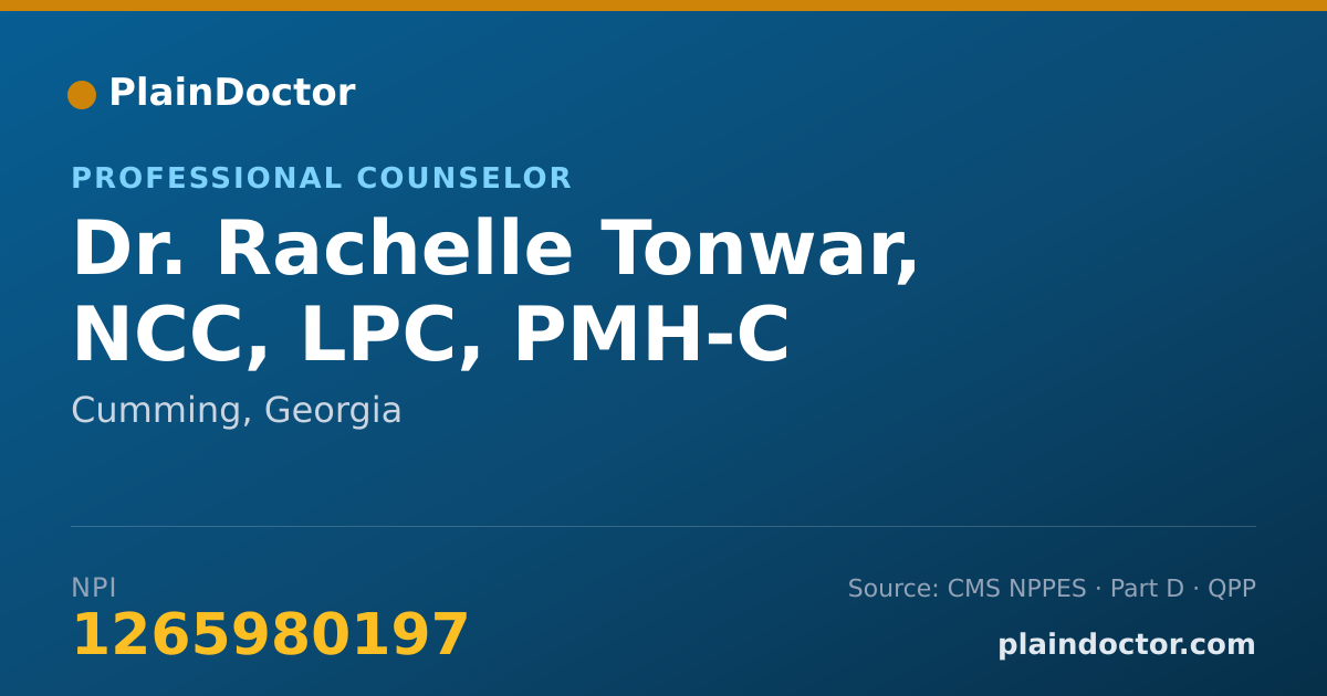Shareable card for Rachelle Tonwar, NCC, LPC, PMH-C - Professional Counselor, Cumming, GA