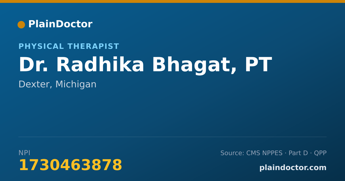 Shareable card for Radhika Bhagat, PT - Physical Therapist, Dexter, MI