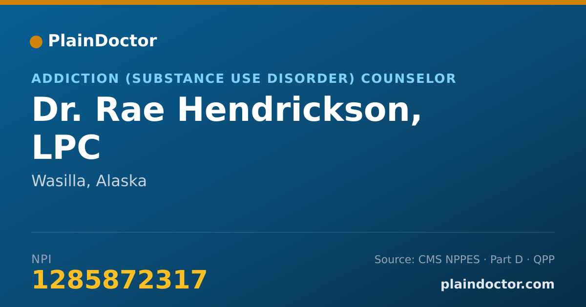 Shareable card for Rae Hendrickson, LPC - Addiction (Substance Use Disorder) Counselor, Wasilla, AK