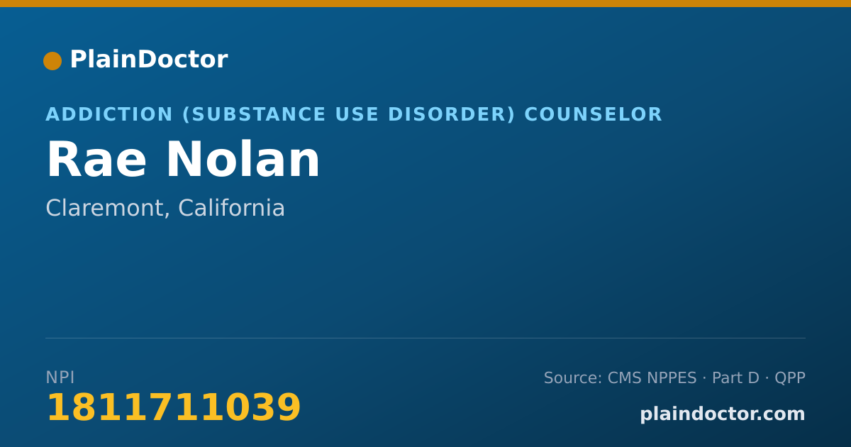 Shareable card for Rae Nolan - Addiction (Substance Use Disorder) Counselor, Claremont, CA