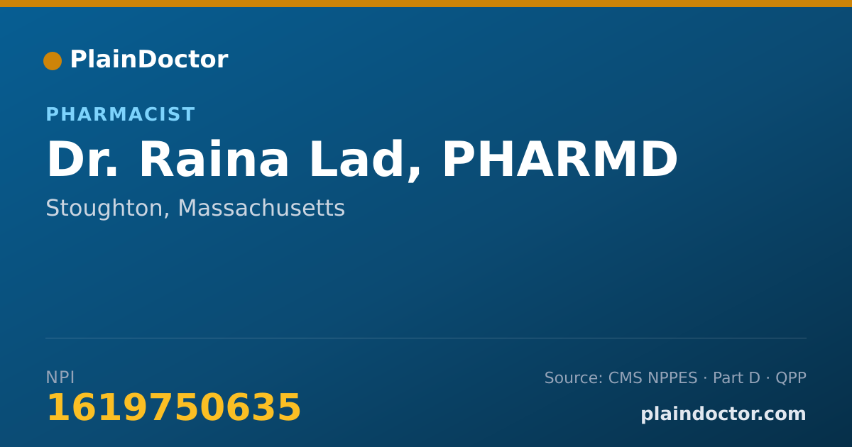 Shareable card for Raina Lad, PHARMD - Pharmacist, Stoughton, MA