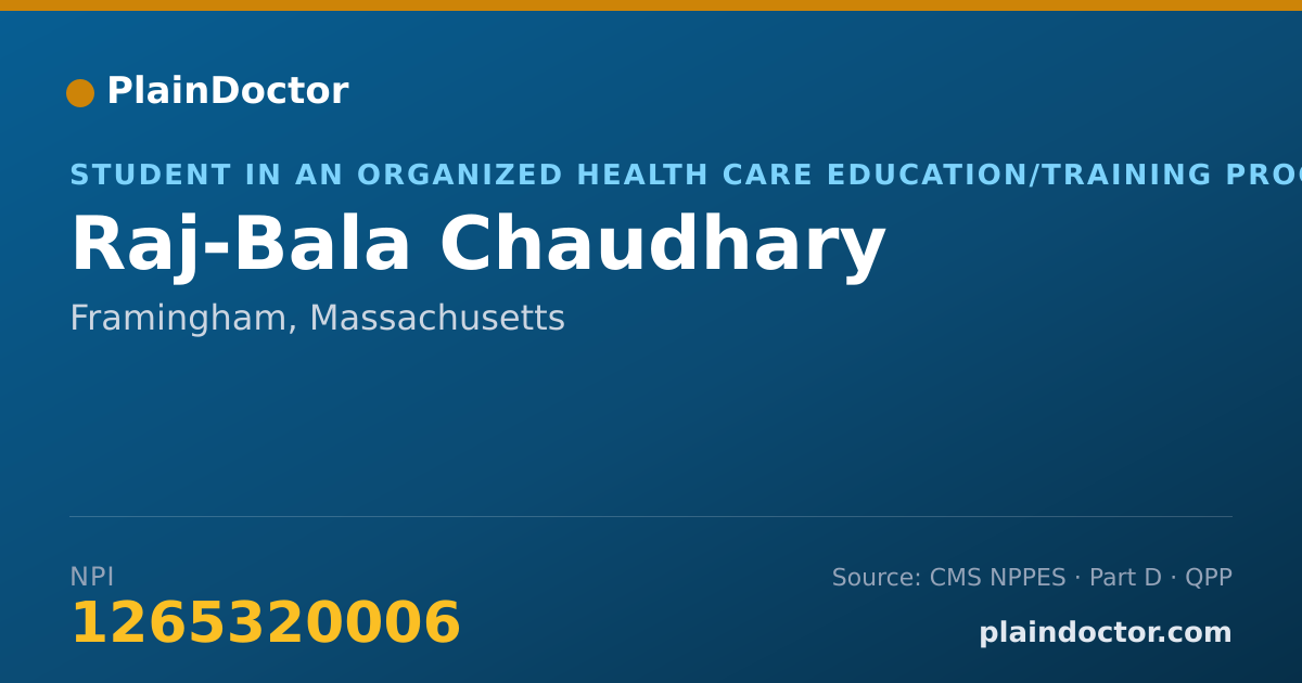 Shareable card for Raj-Bala Chaudhary - Student in an Organized Health Care Education/Training Program, Framingham, MA