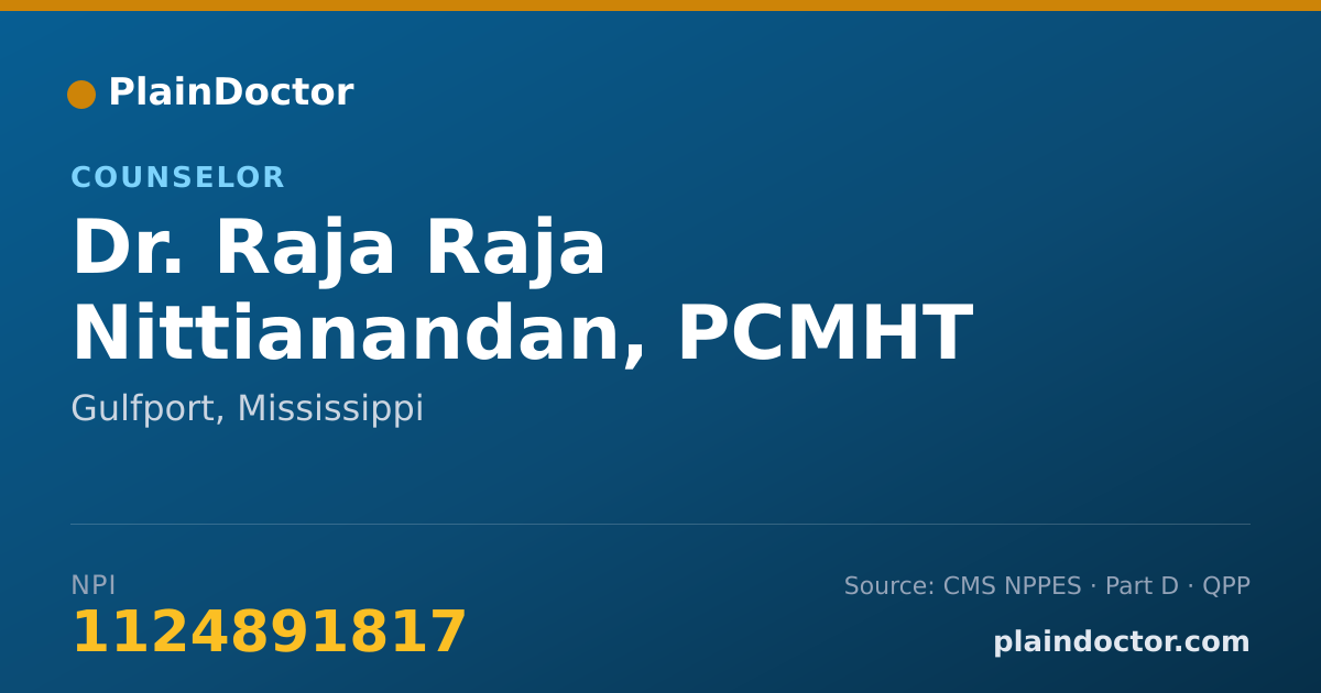 Shareable card for Raja Raja Nittianandan, PCMHT - Counselor, Gulfport, MS