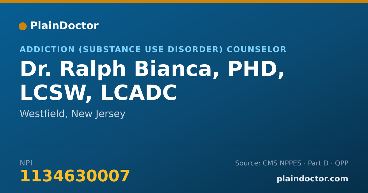 Shareable card for Ralph Bianca, PHD, LCSW, LCADC - Addiction (Substance Use Disorder) Counselor, Westfield, NJ