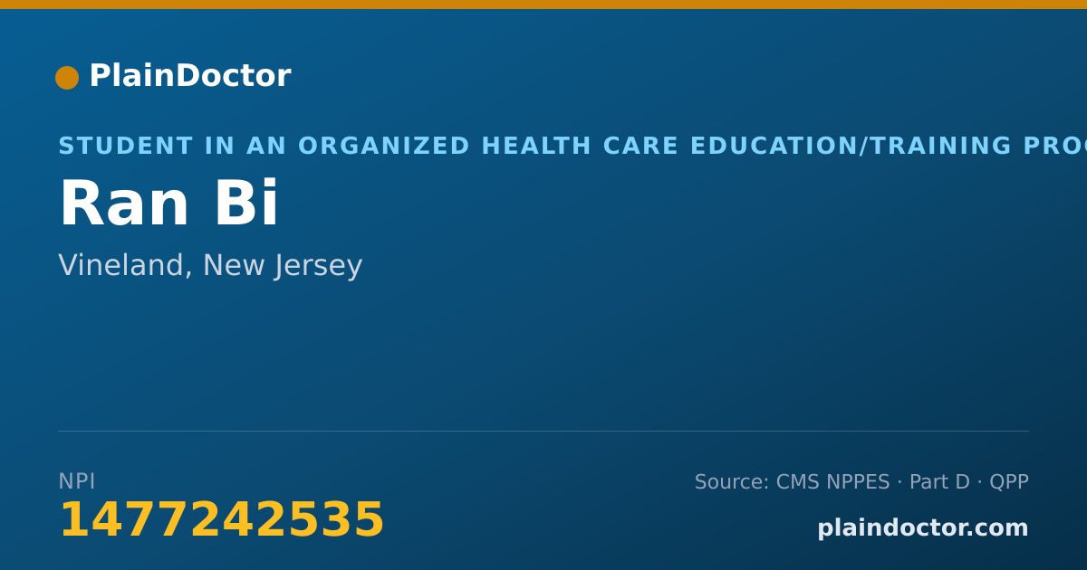 Shareable card for Ran Bi - Student in an Organized Health Care Education/Training Program, Vineland, NJ