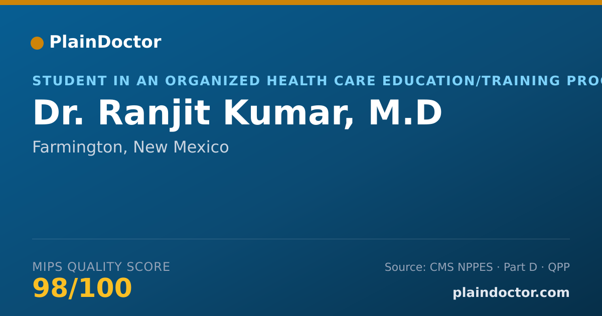 Shareable card for Ranjit Kumar, M.D - Student in an Organized Health Care Education/Training Program, Farmington, NM