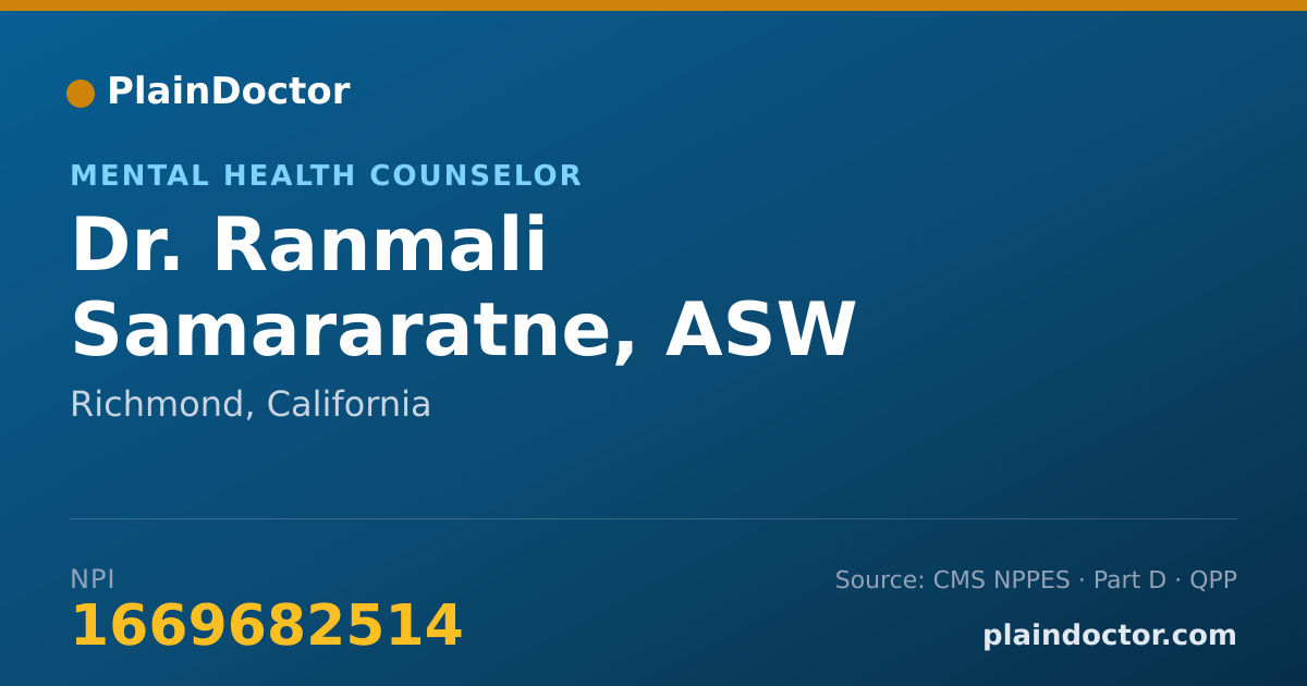 Shareable card for Ranmali Samararatne, ASW - Mental Health Counselor, Richmond, CA