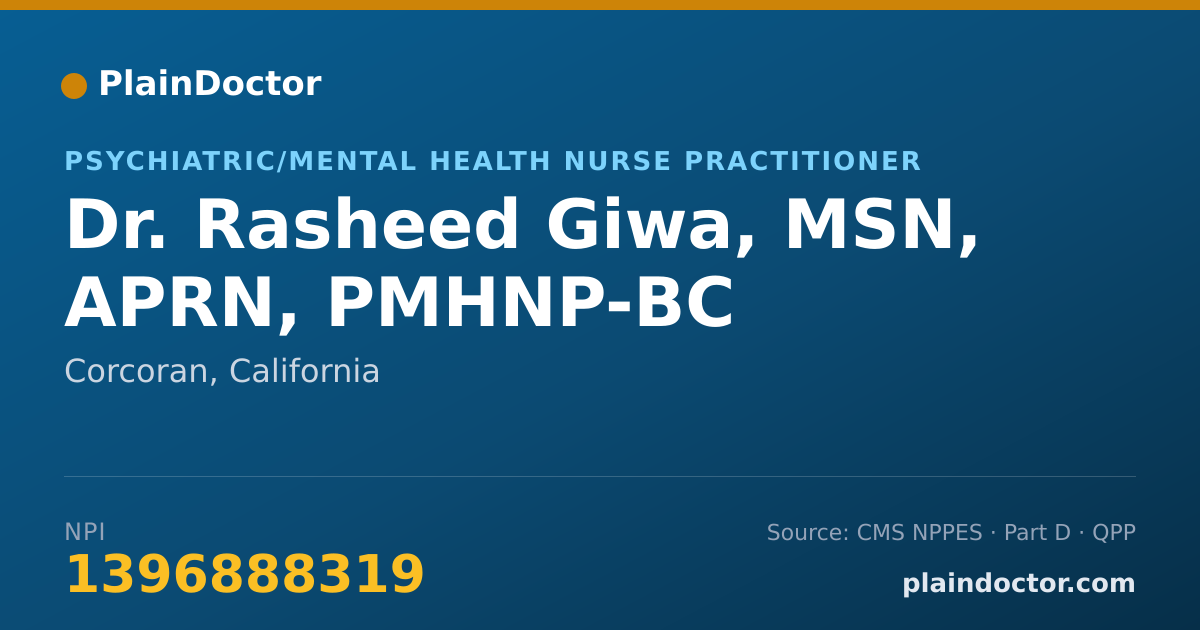 Shareable card for Rasheed Giwa, MSN, APRN, PMHNP-BC - Psychiatric/Mental Health Nurse Practitioner, Corcoran, CA