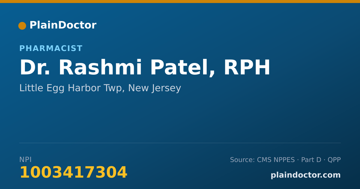 Shareable card for Rashmi Patel, RPH - Pharmacist, Little Egg Harbor Twp, NJ