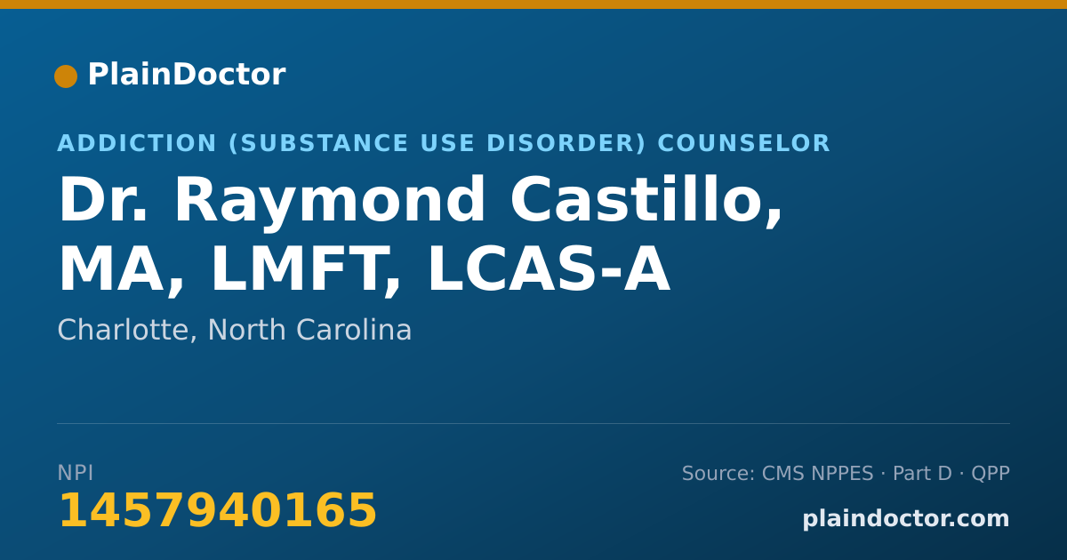 Shareable card for Raymond Castillo, MA, LMFT, LCAS-A - Addiction (Substance Use Disorder) Counselor, Charlotte, NC