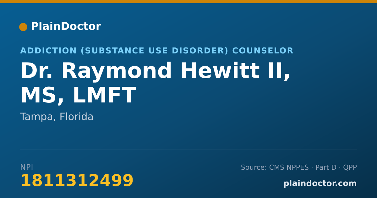 Shareable card for Raymond Hewitt II, MS, LMFT - Addiction (Substance Use Disorder) Counselor, Tampa, FL