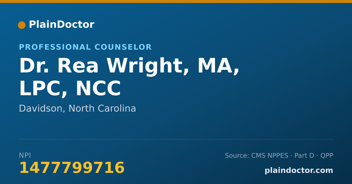 Shareable card for Rea Wright, MA, LPC, NCC - Professional Counselor, Davidson, NC