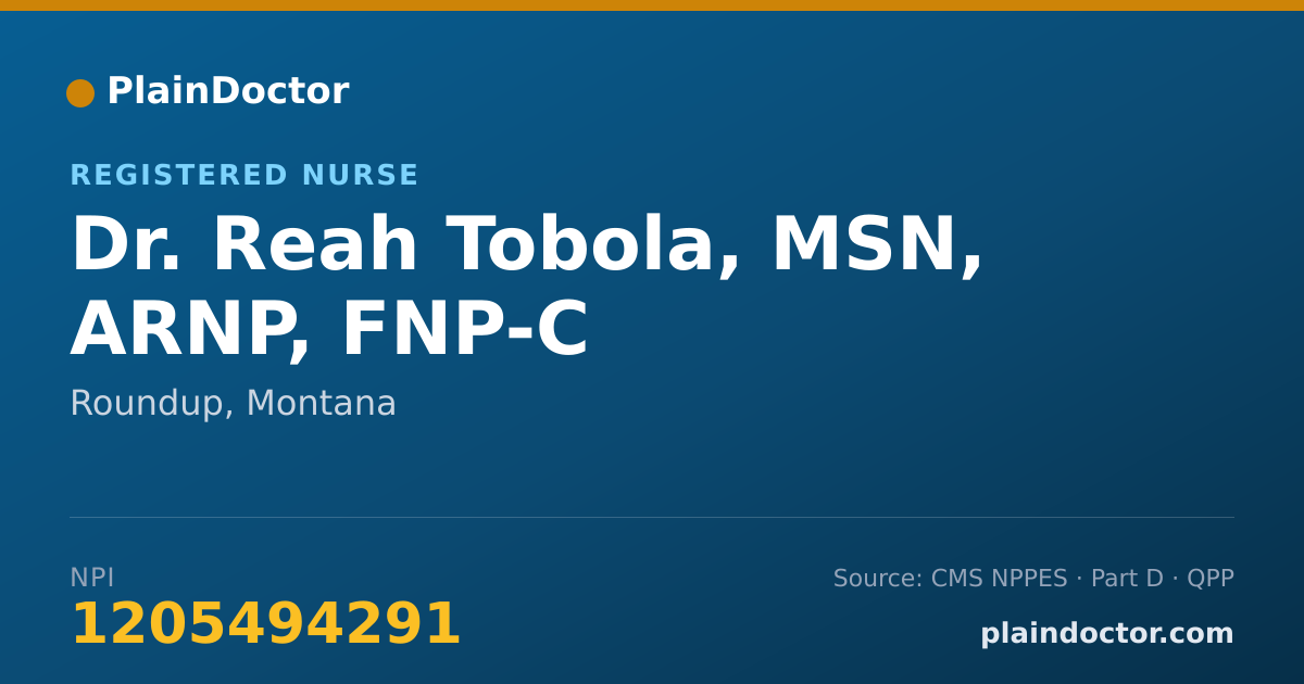Shareable card for Reah Tobola, MSN, ARNP, FNP-C - Registered Nurse, Roundup, MT
