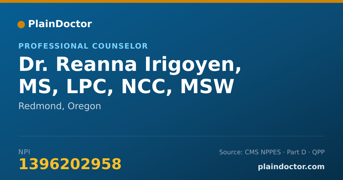 Shareable card for Reanna Irigoyen, MS, LPC, NCC, MSW - Professional Counselor, Redmond, OR