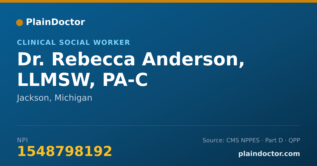 Shareable card for Rebecca Anderson, LLMSW, PA-C - Clinical Social Worker, Jackson, MI