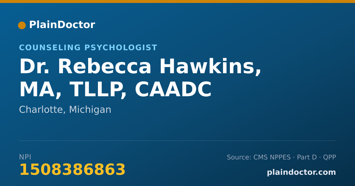 Shareable card for Rebecca Hawkins, MA, TLLP, CAADC - Counseling Psychologist, Charlotte, MI