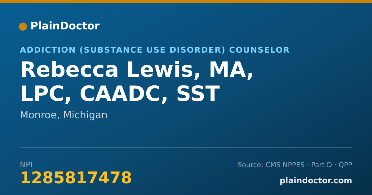 Shareable card for Rebecca Lewis, MA, LPC, CAADC, SST - Addiction (Substance Use Disorder) Counselor, Monroe, MI