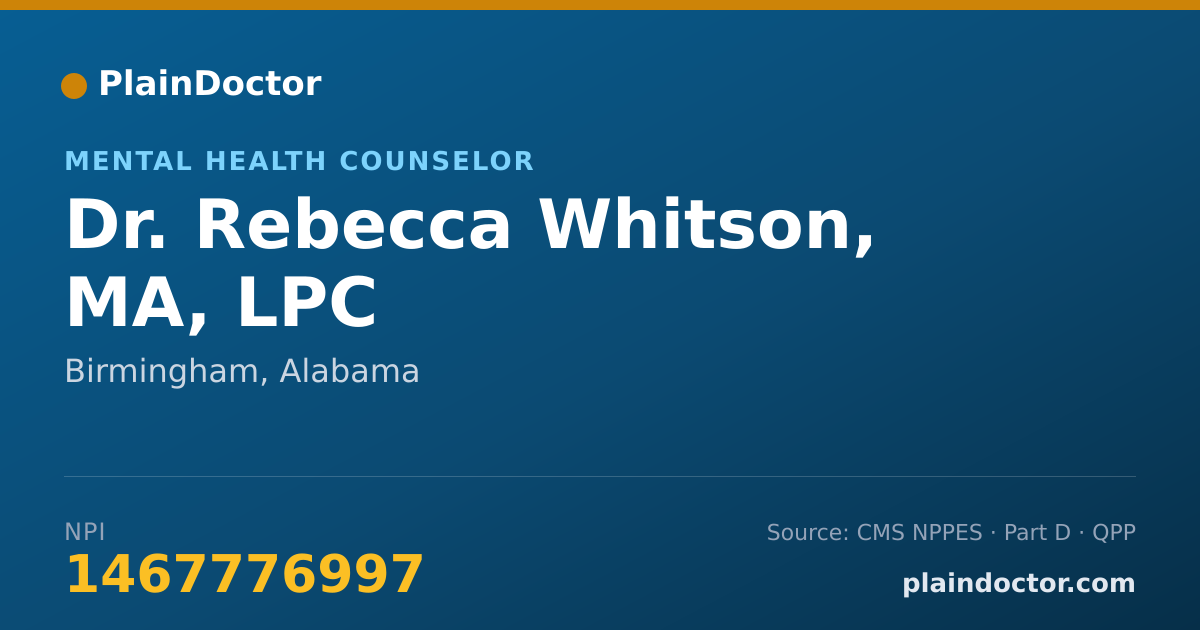 Shareable card for Rebecca Whitson, MA, LPC - Mental Health Counselor, Birmingham, AL