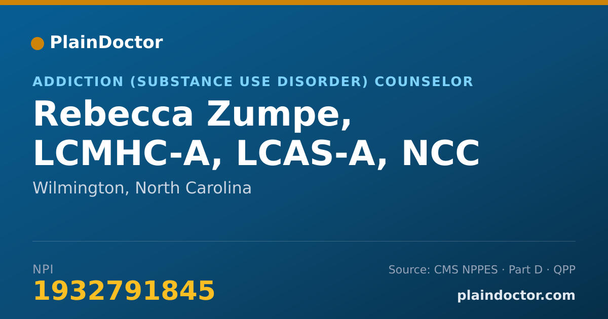 Shareable card for Rebecca Zumpe, LCMHC-A, LCAS-A, NCC - Addiction (Substance Use Disorder) Counselor, Wilmington, NC