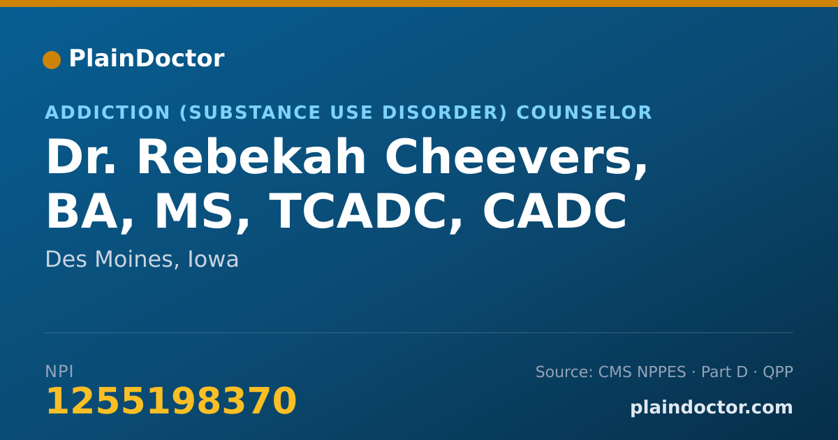 Shareable card for Rebekah Cheevers, BA, MS, TCADC, CADC - Addiction (Substance Use Disorder) Counselor, Des Moines, IA
