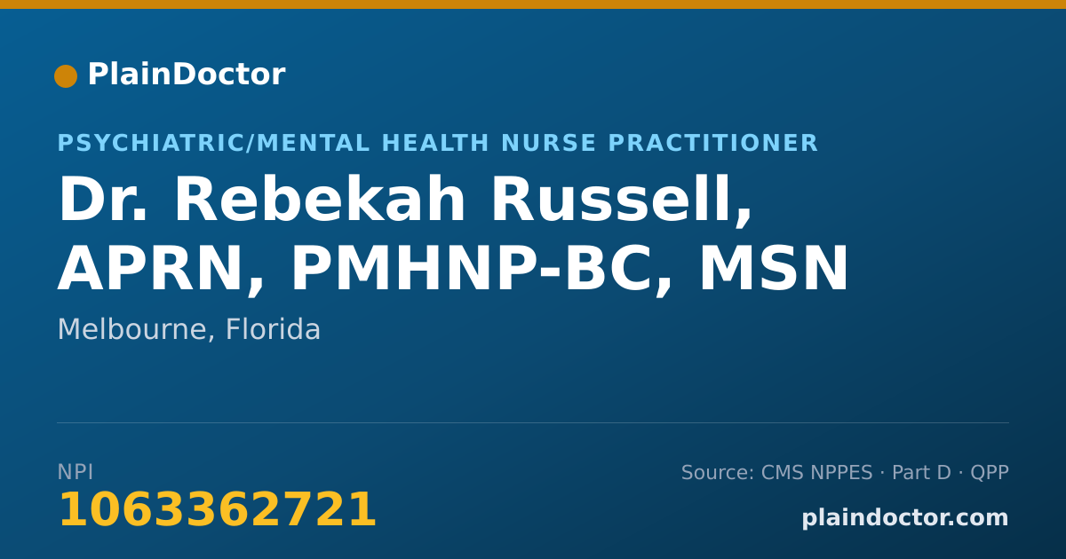 Shareable card for Rebekah Russell, APRN, PMHNP-BC, MSN - Psychiatric/Mental Health Nurse Practitioner, Melbourne, FL