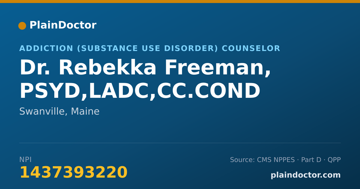 Shareable card for Rebekka Freeman, PSYD,LADC,CC.COND - Addiction (Substance Use Disorder) Counselor, Swanville, ME