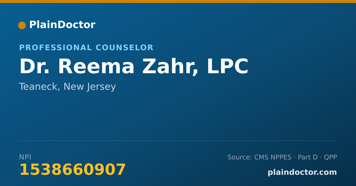 Shareable card for Reema Zahr, LPC - Professional Counselor, Teaneck, NJ